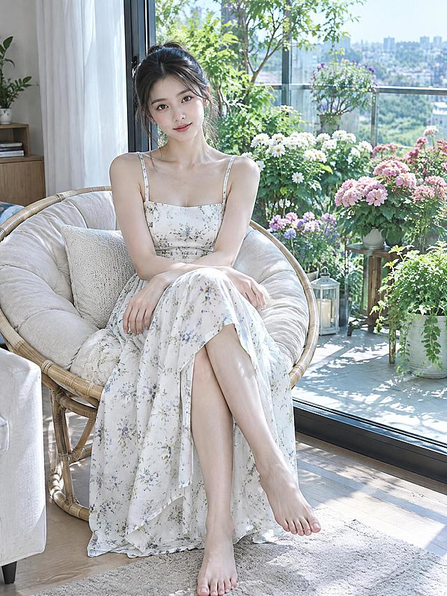 A young woman in her early twenties, sitting on a light-colored round rattan chair in front of a living room floor-to-ceiling glass window. Outside the window is a balcony full of flowers and plants, with sunlight streaming in. She has an oval face, a cool and elegant temperament, black hair tied up at the back of her head, wearing a simple white floral long dress, barefoot, crossing her legs, with the skirt naturally falling down. She gazes quietly at the camera with a charming and gentle expression. Natural daylight, neutral white balance, 5500K color temperature, true colors, absolutely no yellowish warm tone filters, photorealistic, high detail, sharp focus