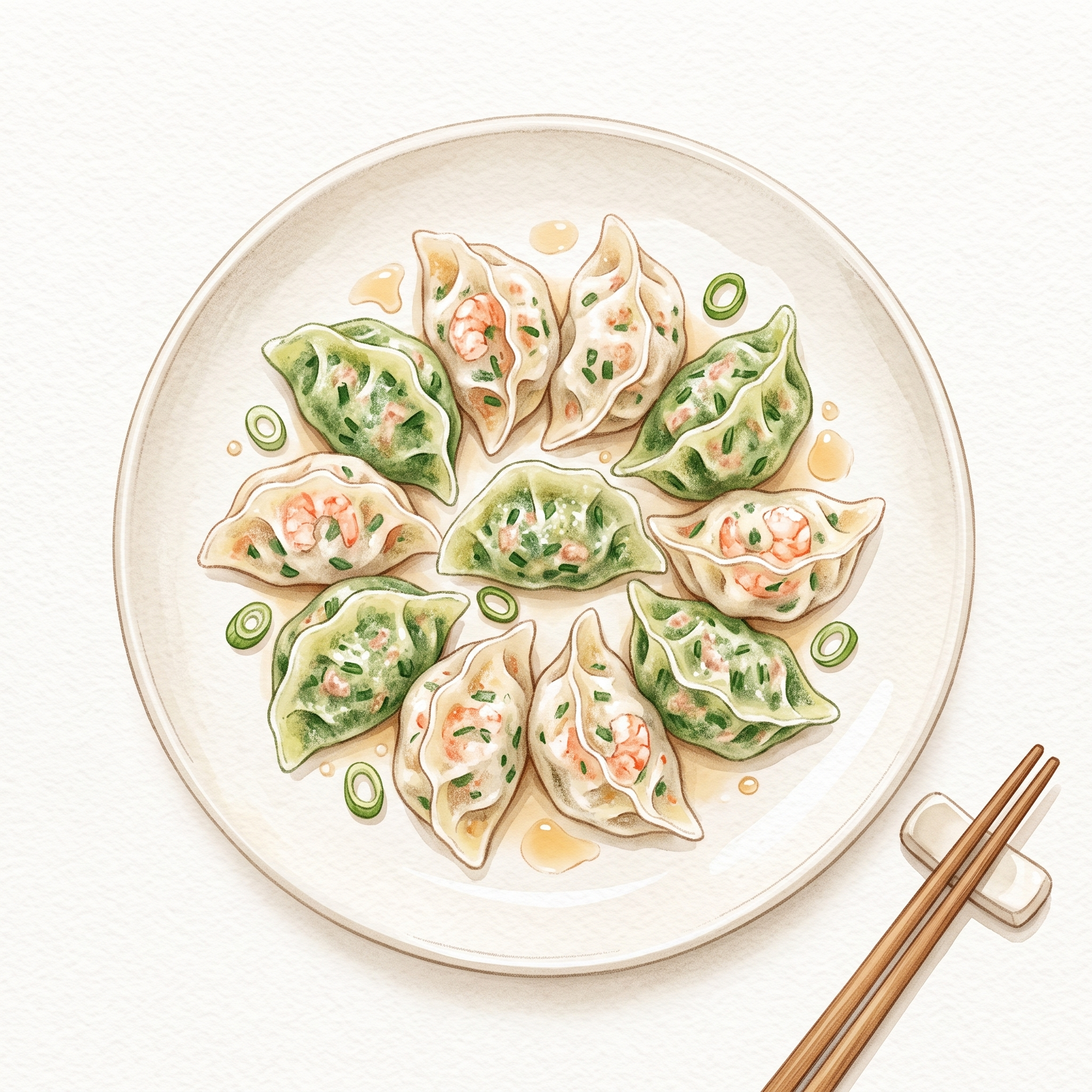 颜色明亮，参考细腻画风：水彩手绘，清新肌理质感，三鲜水饺，饱满… - 图片创意预览