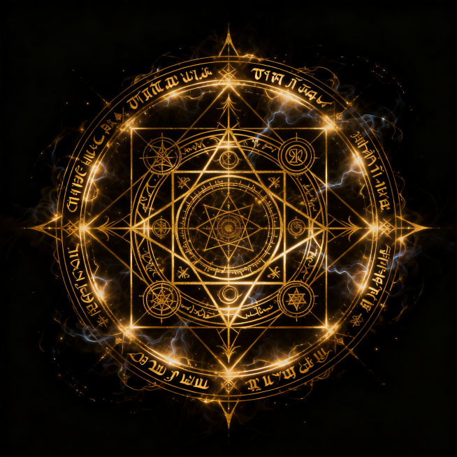 黑色背景，一个充满神秘魔幻感的魔法法阵，由复杂的金色神秘符文、几何线条和能量纹路构成，线条清晰精致，整体对称规整，散发着微弱的辉光，质感细腻，高清晰度，风格奇幻酷炫预览效果