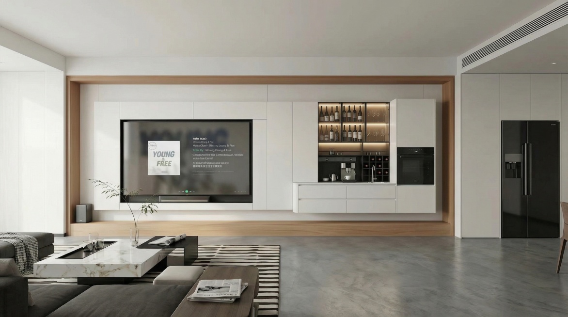 根据参考图生成该室内空间另一个角度的效果图，保持原空间的配色、家具样式和整体设计风格不变，不要改变原有家具家电的外观和配色，生成一张新角度的现代简约客餐厅效果图预览效果