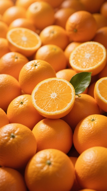 超写实摄影风格，大量新鲜橙子组成的背景，特写镜头，包含完整的圆形橙子和对半切开的橙子剖面，剖面露出清晰可见的橙瓣纹理与白色脉络，橙色果皮光滑带有自然光泽，部分切开的橙子上点缀着一片绿色的橙子叶，整体色彩以明亮饱满的橙黄色为主，光线从上方均匀照射，形成柔和的高光与自然阴影，突出橙子的水润质感和立体感，构图紧密充实，无留白，展现橙子的新鲜与活力。预览效果
