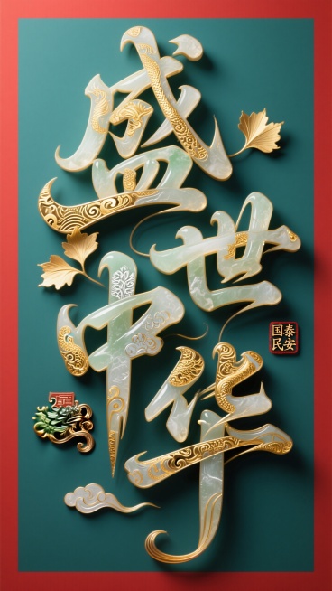 创意玉质字体设计，线条流畅且富有艺术感，将字体进行抽象变形，创造出独特的节奏和动感，扁平化，字体设计，超现代图腾风格文字，笔画内嵌龙袍纹、黄金纹、银杏叶花纹、云纹、福纹、青铜纹。字体结构为狂草变体"盛预览效果