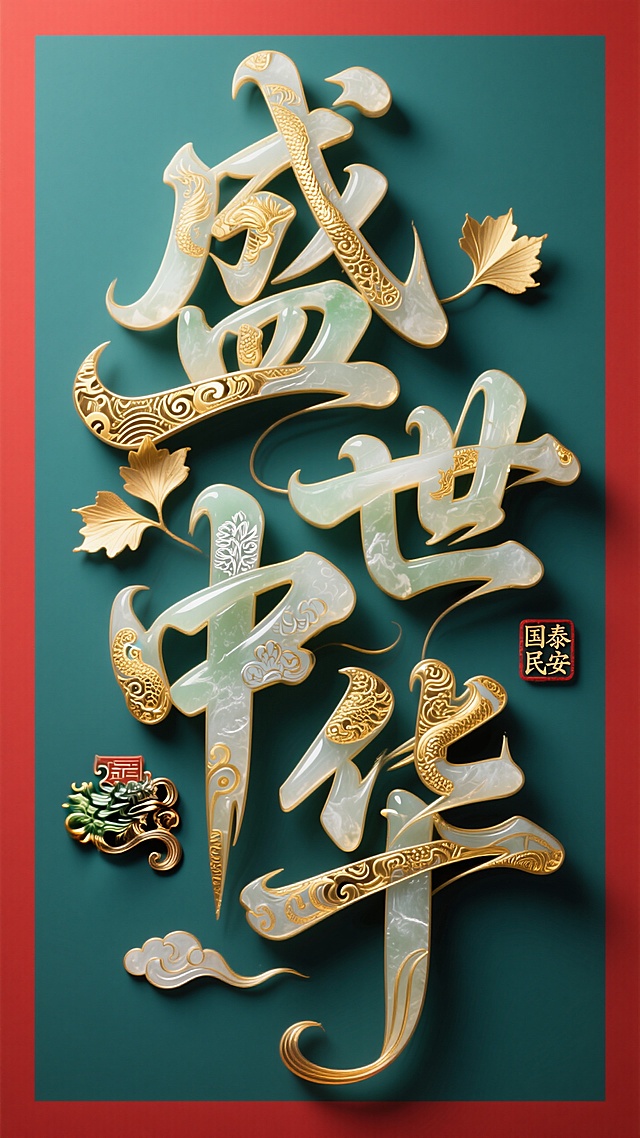 创意玉质字体设计，线条流畅且富有艺术感，将字体进行抽象变形，创造出独特的节奏和动感，扁平化，字体设计，超现代图腾风格文字，笔画内嵌龙袍纹、黄金纹、银杏叶花纹、云纹、福纹、青铜纹。字体结构为狂草变体"盛世中华"，印章：国泰民安。纯鲜红色背景，字体进行曲线创意变形，笔画扭转变化，清晰所有轮廓，金色喜庆吉祥氛围感，极简主义，史诗级构图，意境，画面干净