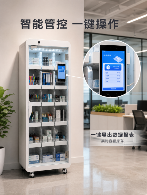 [主图-3] 触控屏幕操作细节放大图
[氛围风格] 专业商务简洁展示
[画质] 商业摄影质感、微距清晰细节、光线柔和通透、画面干净高级
[元素] 主图展示完整柜体，右侧叠加圆形放大框突出触控操作屏区域预览效果