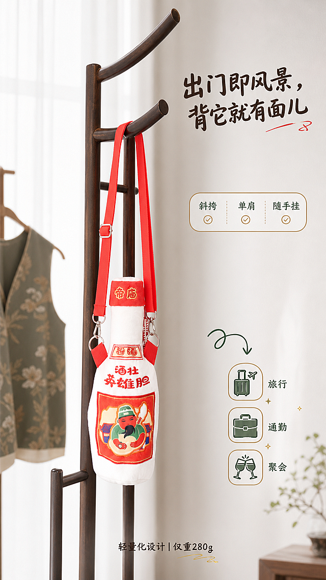 [第4屏] 使用场景演绎页-毛绒包悬挂于现代中式衣帽架。[氛围/风格] 生活方式摄影风, 自然光+柔窗纱背景, 轻松日常感, 强调‘随行趣味’。[元素布局] 产品使用【图4】场景图（挂于深胡桃木衣帽架横杆），红色肩带自然垂落，包体垂直悬垂，占画面50%；背景为纯白纱帘+浅灰墙面，左侧虚化处隐约可见汉服马甲一角暗示穿搭场景；右下角加小插画箭头指向‘旅行/通勤/聚会’三场景图标。[光影质感] 侧窗自然光为主，产品受光均匀，毛绒蓬松感明显，肩带褶皱真实，无过曝高光。[配色色系] 底色#F8F7F5；产品红#E62B2B、白#FFFFFF；衣帽架深棕#3E2723；插画图标金#D4AF37+墨绿#2E5D3E. [视角构图] 侧面平视，产品居中偏左，衣帽架斜向延伸构图，营造空间纵深。[文字版式] 右上角标题「出门即风景，背它就有面儿」手写体；中部悬浮标签「斜挎·单肩·随手挂」三选项；底部小字「轻量化设计｜仅重280g」。[比例分辨率] 9:16, 4K. [负向提示词] 包体歪斜/翻转，肩带断裂感，背景杂乱（如杂物入镜），人物入镜（除非指定），水印，文字压主体。