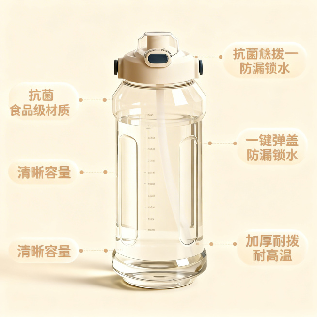 基于上传的女士2000ml大容量水杯图片，生成抖音电商主图2：舒适简约家居治愈风格，水杯居中，用纤细带圆点引线分别连接杯身标注「抗菌食品级材质」、杯盖标注「一键弹盖 防漏锁水」、杯身刻度标注「清晰容量预览效果
