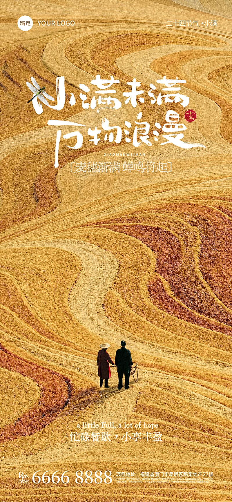 小满节金黄麦田水墨实景融合插画海报