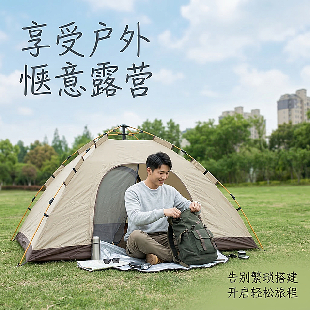 [垫图] https://gdesign-dam-hz.dancf.com/35871057579460678/b4e810ca8b234fc49809c4700c8b9492.jpg
[主图主题] 露营帐篷使用场景体验主图
[氛围/风格] 休闲治愈 户外生活氛围感
[画面元素] 帐篷搭建在草坪上 旁边一位年轻男生（亚洲面孔）坐在帐篷前整理背包 脸上带着放松的笑容 背景是蓝天白云和远处树林 营造出周末露营的惬意生活场景 自然光影柔和 画面清新舒适 背景全屏无边框
[配色色系] 主色调：自然绿色 天蓝色 卡其色；辅助色：人物休闲衣物浅灰色 整体色调清新明快
[文字版式] 左上角主标题 "享受户外 惬意露营" 右下角小字 "告别繁琐搭建 开启轻松旅程 字体为柔和手写体 深灰色 融入画面不突兀