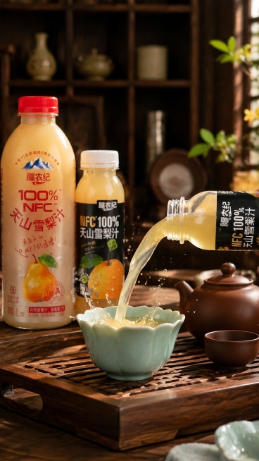 超写实动态商业产品摄影。主体：疆农纪天山雪梨汁饮料严格参照上传产品图，完整保留一大一小两瓶产品所有可见组件、轮廓、结构、比例、材质、颜色与产品本体上的文字信息（logo / 图案 / 规格 / 参数等预览效果