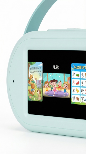 电商产品功能展示图，儿童AI早教故事机保持马卡龙浅薄荷青，特写正面黑色屏幕区域，屏幕替换为显示色彩鲜艳的儿童早教内容，包含卡通绘本、儿歌动画、启蒙识字界面，可爱治愈风格，产品细节100%还原屏幕边框、预览效果