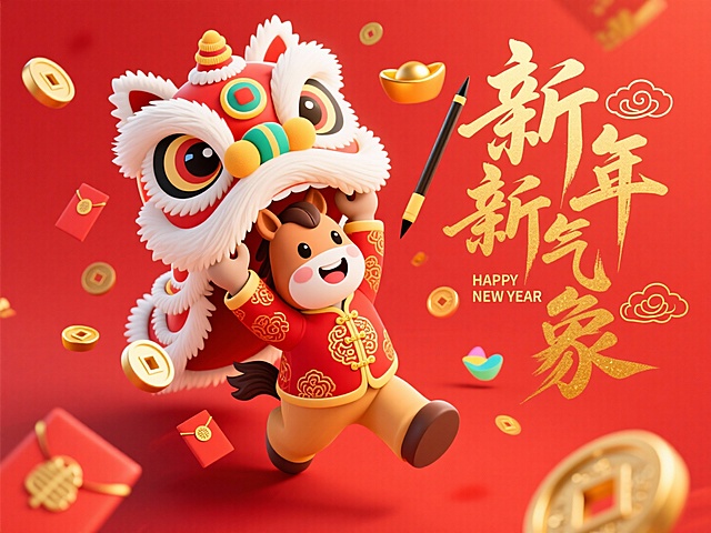 可爱的3D卡通风格，营造新年喜庆且温馨的视觉氛围。大透视构图，俯视角度，超广角镜头拍摄的男孩，画面以手举醒狮头为主导视觉，萌系Q版拟人小马，身穿红底金纹传统中式服装，眉眼带笑，双手举着醒狮头向镜头展示。小马举着的醒狮头极度靠近镜头（占据画面2/3以上），形成强烈的大小对比和视觉冲击力。以正红色为背景，小马周围悬浮着金铜钱、小金元宝和各色烫金小红包，增加画面的艺术效果和动感，整体色调以暖红、暖黄为主，营造热闹喜庆的春节发红包迎福氛围，细节丰富，光影温暖。突出鱼眼镜头效果，夸张的透视比例关系。采用3D渲染风格，类似皮克斯动画质感，画面左面有金色毛笔艺术字体：“新年新气象”，搭配祥云元素装饰，和金色“HAPPY NEW YEAR”小字