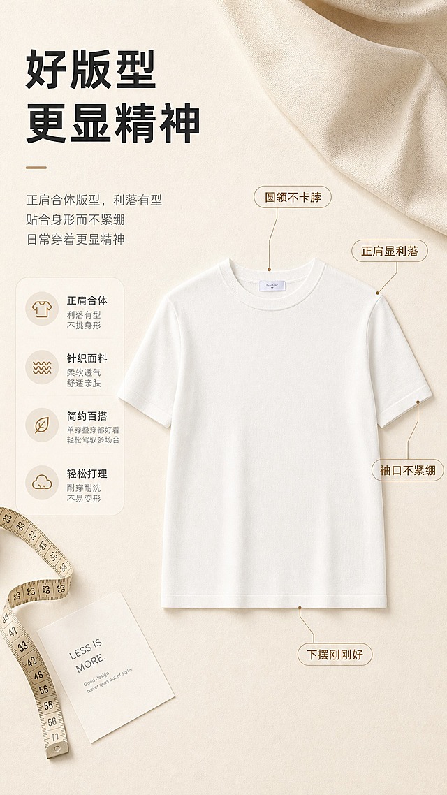 [商品] 使用【图1】白色圆领针织短袖T恤；商品处理：保留圆领、短袖、正肩版型、衣长、针织面料、颜色和领口标签；自然去除衣身杂乱褶皱与压痕，理顺垂坠，增强针织纹理、缝线和领口质感，不改变版型和结构。
[画面] 目标为版型解析页，展示结构与穿搭利益；正面平铺T恤居中偏右，占画面约50%；从圆领、肩线、袖口、下摆四处引出细线标签标注；左侧放版型说明文字，背景为浅米色桌面+同色系衬布，加入软尺、小卡片等道具增加层次。
[视觉] 套系策略：风格=极简高级商业影棚风；标题字=现代无衬线粗体；正文字=简洁无衬线体；主色=米白；背景延展=基于米白做深浅层级、同色渐变和细腻纸张/织物质感；强调色=浅奶茶棕，仅用于小面积图标、引线和标签；标题色=深炭灰；正文色=中暖灰；组件=圆角浅底信息卡、细线引线；光影=左前侧暖柔光。
[文字] 左上主标题「好版型 更显精神」，4处引线标注文案：圆领不卡脖、正肩显利落、袖口不紧绷、下摆刚刚好；文字横排，标签简洁不遮挡主体。
[规格] 单屏比例9:16竖版，分辨率2K，避免变形、错字、文字过小、冷蓝/蓝灰背景、衣服颜色改变、版型失真、白底孤立单品。