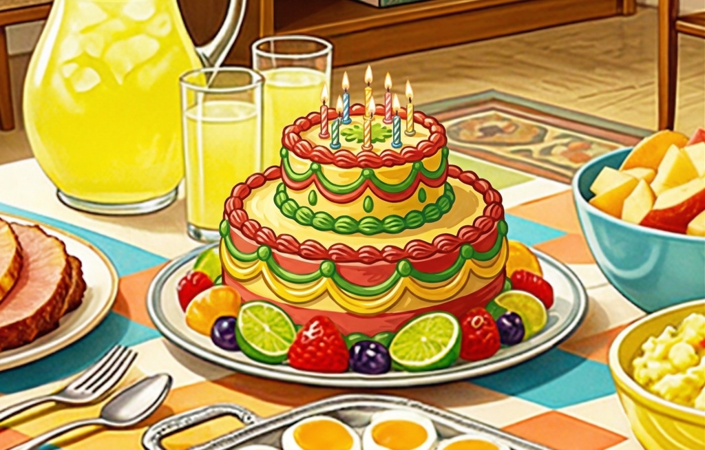把图片中央的果冻换成生日蛋糕，保持画面其他所有内容、整体色彩风格和拍摄角度都不变预览效果