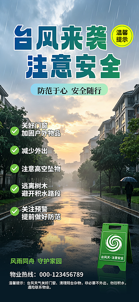 小区物业台风来袭安全温馨提示竖版海报 社区防汛防灾通知模板