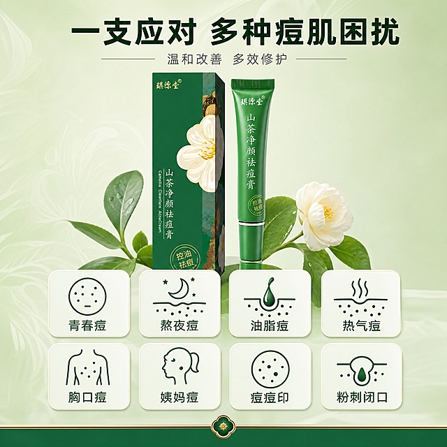 [主图-4] 适用场景与多痘型改善展示，说明产品适用于多种痘痘类型，覆盖不同长痘场景。
[统一基调] 清新草本护肤风格，整体以深浅渐变的绿色系为主色调，搭配米白色辅助色和金色点缀。主标题使用干净的非衬线粗体字，深墨绿色字色；辅助文案使用浅灰色非衬线体；强调色用暖金色。整体画面信息清晰，层次分明。
[画面] 产品（绿色管状祛痘膏 + 包装盒）位于画面中心偏上位置，产品占画面约35%。产品下方以2行4列的图标网格形式展示8种适用的痘痘类型，每个图标是一个简约的圆形或圆角方形卡片，卡片内有对应痘痘类型的简约示意图标和名称。8种分别为：青春痘、熬夜痘、油脂痘、热气痘、胸口痘、姨妈痘、痘痘印、粉刺闭口。背景为柔和的浅绿色渐变，带有淡淡的山茶花纹理底纹。画面底部有一条深绿色装饰条，增加视觉稳定感。
[光影质感] 商业摄影质感，产品光影柔和真实。图标卡片有轻微的悬浮感和阴影，整体画面干净明亮，信息展示清晰。
[配色] 主色：浅绿色渐变背景；辅助色：深绿、白色；图标卡片：白色底+深绿色图标文字，部分卡片用浅绿色底区分。文字颜色：深墨绿色标题，深灰色说明文字。
[文字版式] 顶部主标题"一支应对 多种痘肌困扰"，大号粗体深墨绿色字，居中。主标题下方小字"温和改善 多效修护"，小号字体。8个图标卡片下方各有对应名称，如"青春痘""熬夜痘"等，中号深绿色字体，居中对齐。所有文字横排，清晰易读。
[输出要求] 1:1正方形比例，产品清晰不变形，图标文字清晰可读，排版整齐。负向：禁止变形、错字、模糊、杂乱、水印、平台Logo、医疗术语、治疗功效宣称、绝对化用语。
