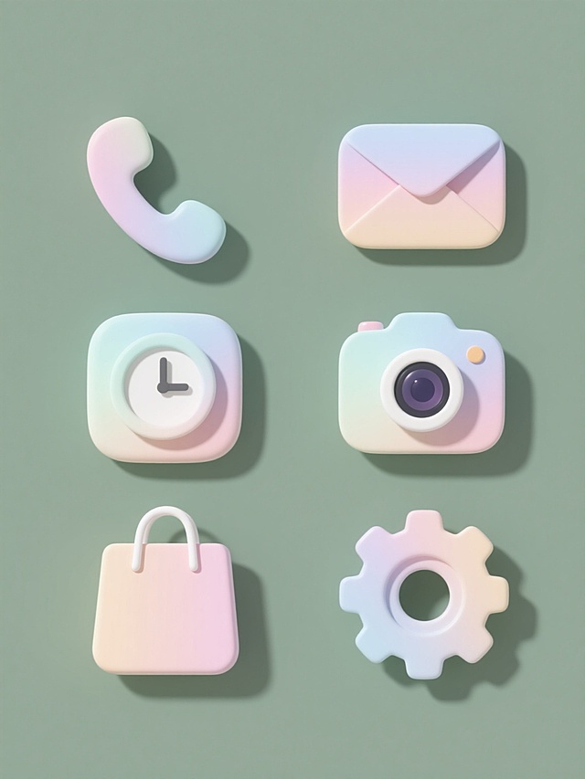 六个不同类目的软3D风格图标，包括电话、信封、时钟、相机、购物袋和设置齿轮，每个图标都采用圆润的边缘和柔和的渐变色彩，整体色彩变换为清新明亮的马卡龙色系，每个图标独立放置在纯色背景上，六个图标呈2x3网格状规整排布，保持统一的光影效果和简约现代的设计感，确保视觉风格的一致性和系列感。