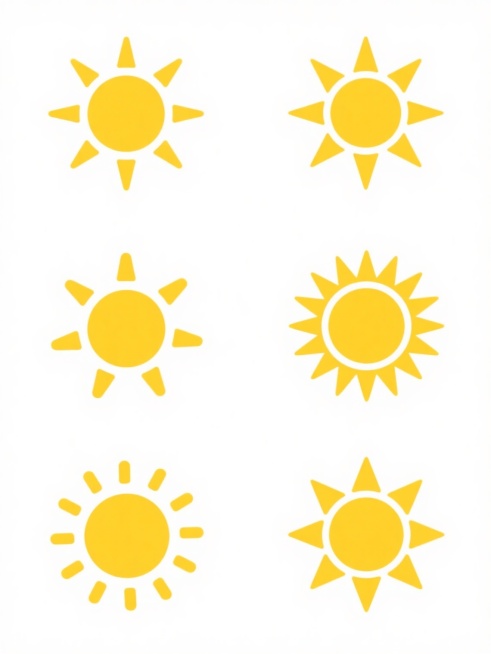 白色背景上，以6个完全不同造型和角度排列的太阳图标为系列素材集合，每个太阳均保持原风格的黄色圆形核心与黄色放射状光芒，采用规整的网格排布，所有太阳图标均无LOGO、电话地址及二维码等元素。预览效果