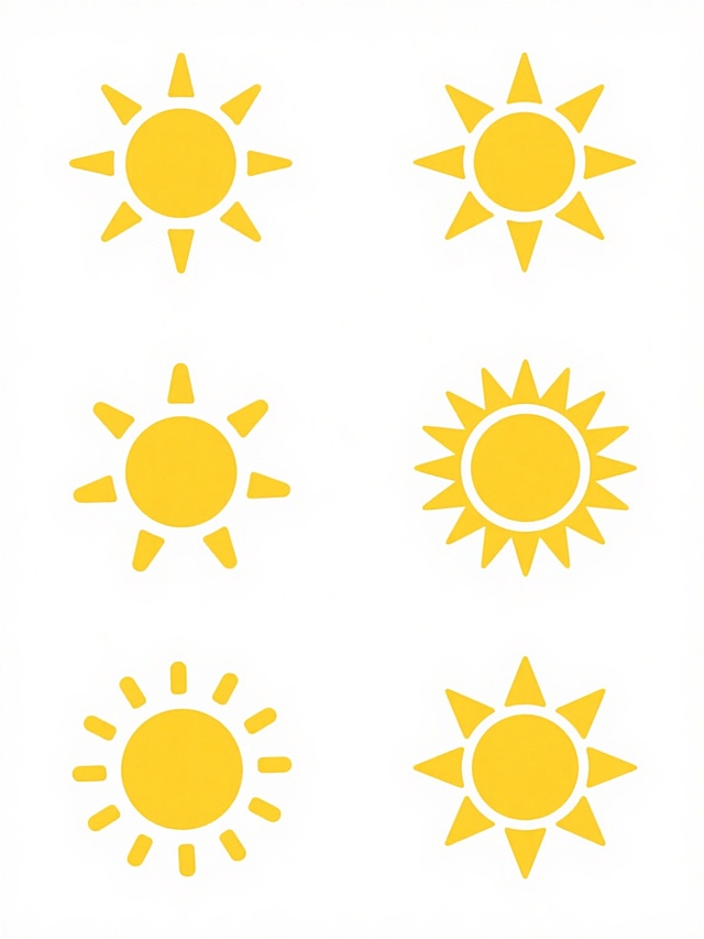 白色背景上，以6个完全不同造型和角度排列的太阳图标为系列素材集合，每个太阳均保持原风格的黄色圆形核心与黄色放射状光芒，采用规整的网格排布，所有太阳图标均无LOGO、电话地址及二维码等元素。