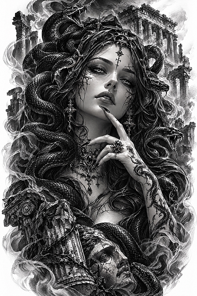 暗黑哥特纹身插画风格，黑白灰单色调，细腻写实素描质感，烟雾缭绕氛围感。画面内容：美杜莎女性角色，蛇发缠绕，眼神魅惑而危险，脸上有精致的暗黑纹饰，颈部佩戴宝石项链，身旁有缠绕的黑蛇和古老石柱，背景是古希腊神庙废墟轮廓，神秘华丽，线条精致，光影层次丰富，适合纹身图案设计