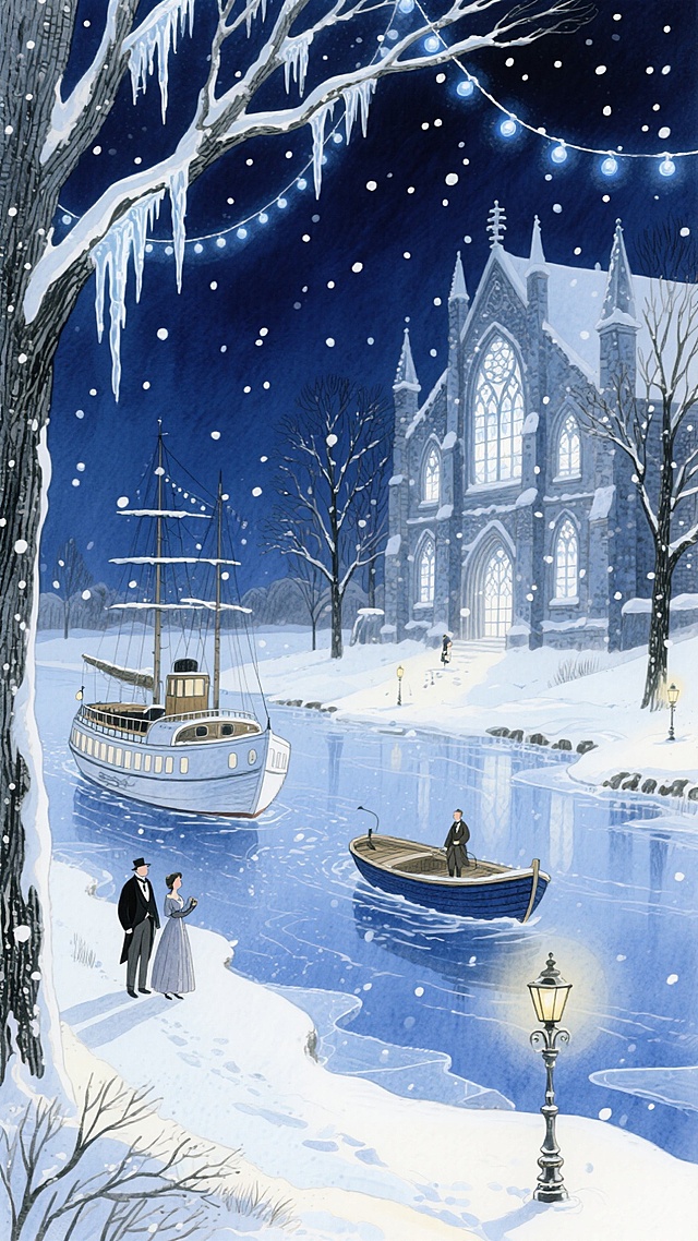 梦幻冬夜，哥特教堂与古船静立雪中，水彩插画风勾勒出复古浪漫的静谧场景，暖灯与星光交织，传递温馨古典之美。