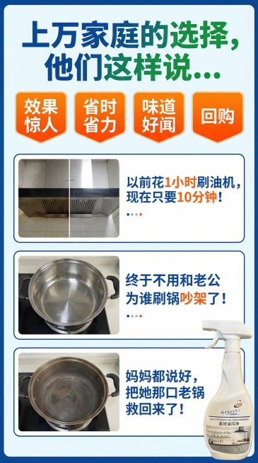 第一屏：开屏暴击，承接主图，强化痛点
目的： 用户点击主图进来后，用更强烈的视觉和文案再次确认“你来对了，这就是解决你问题的产品”。

内容设计：

大图+大字： “还在用 洗洁精+钢丝球 拼命刷？”预览效果