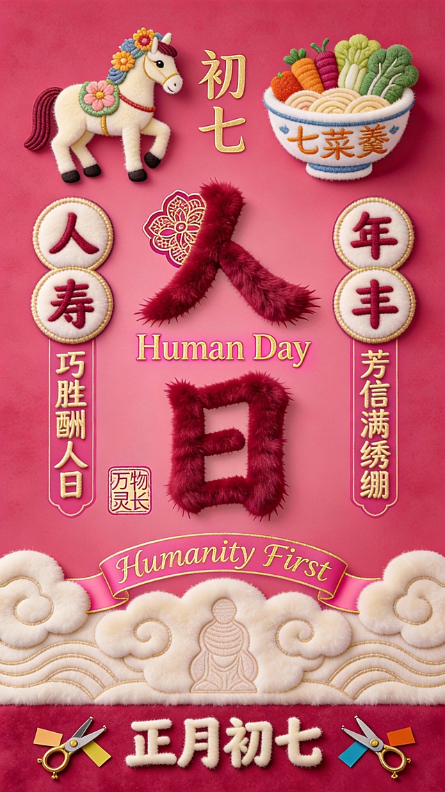 国潮风刺绣质感，毛发生长纹理呈现喜庆中式感，卡通化元素点缀，重拟物设计突出正月初七“人日”主题，传递传统节日温暖与吉祥。