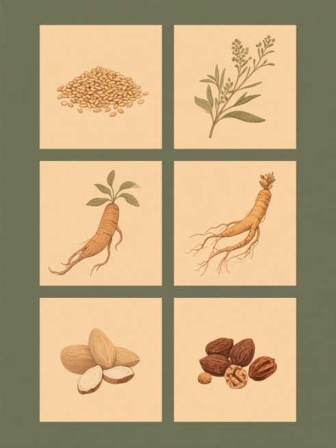 六格规整排列的现代简约风格养生食材插画，每格为单一纯色背景，保持原图复古手绘插画风格，暖色调配色，细腻线条勾勒，具有木质纹理和植物茎叶的自然质感，包含不同种类的养生食材如谷物、草药、根茎类植物、干果等，整体造型简约，无任何文字、logo及水印。预览效果