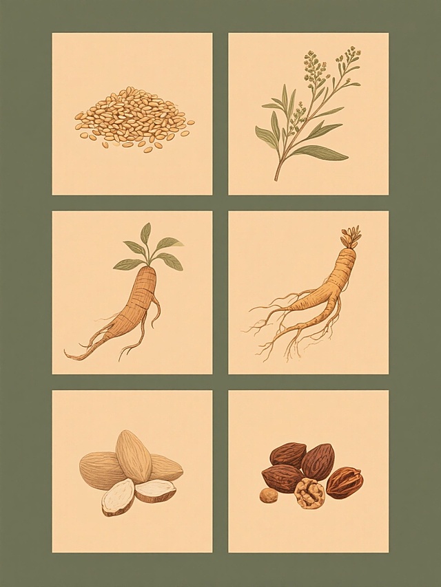 六格规整排列的现代简约风格养生食材插画，每格为单一纯色背景，保持原图复古手绘插画风格，暖色调配色，细腻线条勾勒，具有木质纹理和植物茎叶的自然质感，包含不同种类的养生食材如谷物、草药、根茎类植物、干果等，整体造型简约，无任何文字、logo及水印。