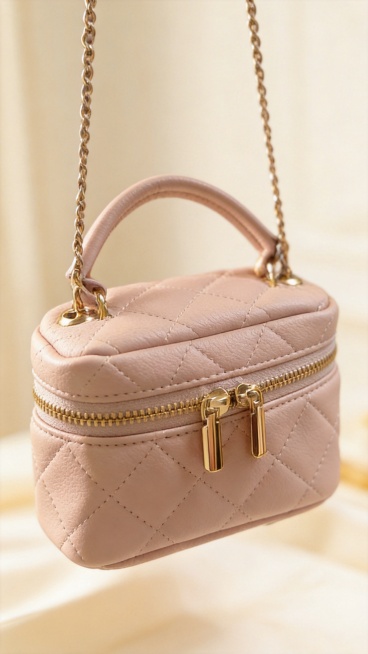 展示浅粉色菱格盒子包的细节特写，突出金色五金拉链和菱格压纹质感，背景为柔和奶油风，温柔富家千金感，体现精致做工，适合小红书9:16竖版预览效果