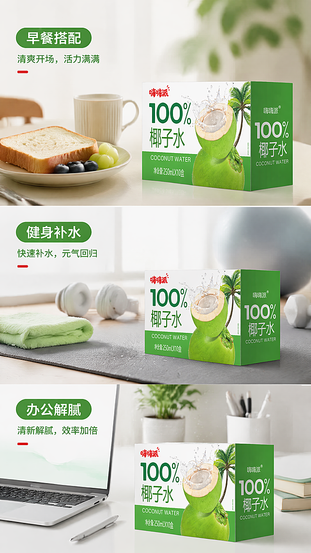 [第5屏] 多样饮用场景展示屏-嗨嗨派100%椰子水。
[氛围/风格] 生活化多场景拼接，真实自然，轻松治愈日常感。
[元素布局] 画面分为三个竖段场景：上段为早餐搭配面包，桌面上放着椰子水包装盒，保持产品包装信息与原图一致；中段为健身后休息场景，放在瑜伽垫旁；下段为办公室桌面场景，放在笔记本电脑旁。每个场景都保留清晰的产品展示，背景干净简洁。
[光影质感] 每个场景都使用柔和自然光，整体光影统一明亮，各段光影过渡自然，产品清晰。
[配色色系] 全局底色：#F2F9F4（浅绿白）；每个场景背景浅淡，文字配色同首屏，保持整体色调统一。
[视角构图] 三段竖拼构图，每段场景占三等分高度，每个场景产品占本段30%-40%区域，信息层次清晰。
[文字版式] 每个场景上方配小标题：「早餐搭配」「健身补水」「办公解腻」，小标题圆角深绿粗黑体，纯色填充，每个标题下方配一句短句说明，文字排版不遮挡产品主体。全套统一使用圆角黑体标题字+无衬线正文字，字色仅使用深绿和品牌红两种，纯色填充字效。
[比例分辨率] 9:16竖版比例，4K分辨率，文字清晰可辨，超高清。
[负向提示词] 包装变形，文字错乱，颜色偏差，水印，产品图模糊，背景杂乱，结构错误，场景拼接不自然