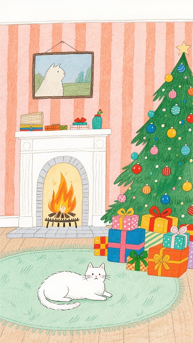 温馨圣诞客厅场景：侧边是缀满多彩圆球的绿色圣诞树，树下堆叠着带蝴蝶结的彩色礼物盒；中间白色壁炉燃着火焰，浅绿色地毯上卧着一只白色猫咪，粉橙条纹墙为背景。整体色彩明快活泼，满溢圣诞节日氛围