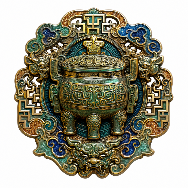 冰箱贴，正视图，纯白色背景，背景无任何元素，居中构图。金属质感，杰作，大师级国风珐琅文创冰箱贴，异型轮廓，边缘随青铜礼器轮廓自然起伏，造型复杂层次丰富，主体为一件青铜礼器，主体醒目突出，周身环绕饕餮纹预览效果