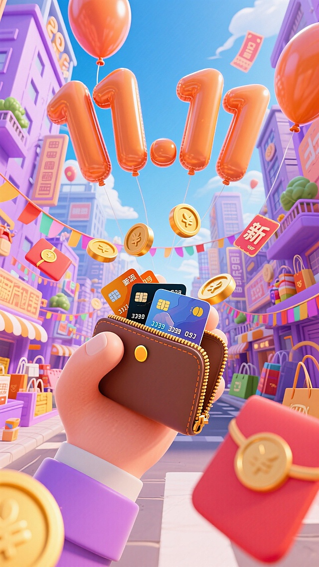 微缩的城市（热闹繁华，城市挂着彩带）中间是立着一只手拿着钱包，里面有金币、银行卡，“11.11”气球字，琳琅满目的商品、购物券和红包向上方扩散开，仰视角度，大透视，POV，紫橙配色