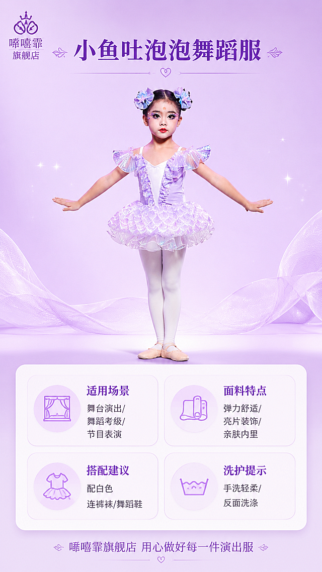 第10张 产品信息页-儿童舞蹈服展示与说明。本张使用【图6】作为服装正面展示图。
[氛围/风格] 清新实用信息风，浅紫色干净背景，信息清晰易读，产品展示与说明结合。
[元素布局] 画面中央偏上为小舞蹈演员正面全身图，占比约55%，展示服装全貌；下方为产品信息说明区域；背景为浅紫色渐变，底部有柔和投影和装饰性纱质飘带；左上角放置「唏嘻幂旗舰店」LOGO；去除原图左上角「桃李新苗」水印和底部抖音号水印。舞蹈服颜色结构与原图一致。
[光影质感] 柔和均匀布光，服装清晰明亮，整体干净整洁，信息页专业感。
[配色色系] 全局底色浅紫渐变#F8F0FF到#F0E6FA；主色淡紫#E8D5F5；辅助色白色卡片底、深紫文字#5A2D82；点缀色浅紫装饰线。
[视角构图] 上下构图，上方人物展示55%，下方信息区45%，阅读动线从上到下。
[文字版式] 版式为上人物下信息卡。左上角「唏嘻幂旗舰店」品牌LOGO；顶部主标题「小鱼吐泡泡舞蹈服」；下方信息卡区域包含四个圆角信息块：「适用场景 舞台演出/舞蹈考级/节目表演」「面料特点 弹力舒适/亮片装饰/亲肤内里」「搭配建议 配白色连裤袜/舞蹈鞋」「洗护提示 手洗轻柔/反面洗涤」；底部品牌语「唏嘻幂旗舰店 用心做好每一件演出服」；文字清晰易读，排版整齐。
[比例分辨率] 9:16竖版比例，4K分辨率，文字清晰可辨，高清画质。
[负向提示词] 变形，水印，文字错乱，文字过小，缺件错件，结构错误，颜色偏差，桃李新苗水印，抖音号水印，产品图模糊，背景杂乱。