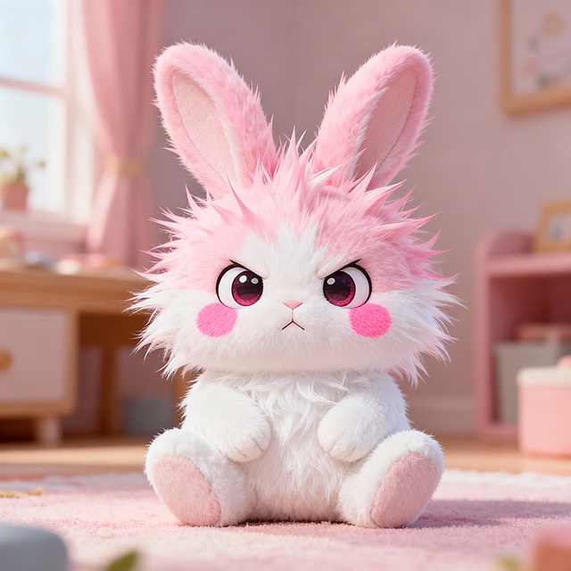 方案一：萌系奶凶小兔：圆眼炸毛+腮红，粉白配色，适合儿童周边，突出反差萌