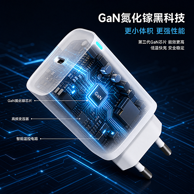 [主图-3] 45W GaN氮化镓快充充电器技术结构页，透明透视内部芯片展示。
[氛围风格] 硬核科技感，精密专业；
[画质] 商业摄影质感、产品清晰真实、内部结构精细、画面干净高级、超高清细节。
[元素] 画面中心展示白色45W GaN氮化镓快充充电器，采用半透明透视效果，外壳变为半透明白色，内部可见GaN氮化镓芯片、电路板、电容等精密元器件，芯片处发出淡蓝色科技光芒。电路板走线清晰可见，蓝色能量光线从芯片流向Type-C接口方向，展示能量传输路径。背景为深蓝色科技电路板纹理空间，有微弱的电路线条光效。**保持充电器外部外观（即物理结构、形状、尺寸、插脚、接口位置）与输入产品图绝对一致，杜绝任何变形和色差，内部结构为科技感示意**。商品主体占比约65%；画面满屏无边框。
[光影] 内部芯片自发光为主光源，蓝色冷光透射出外壳；外部顶部柔光补充打亮产品轮廓；整体暗调科技感，内部发光突出，层次丰富。
[配色] 主色科技蓝、深邃黑；辅色白色（外壳）、电路板金色走线；点缀色芯片蓝光。
[视角构图] 45°斜侧视角，产品居中；透视效果突出内部结构，视觉焦点在GaN芯片处，景深较浅，背景电路纹理虚化。
[文字版式] 右上负空间右对齐留安全边距，主标题「GaN氮化镓黑科技」白色大号粗体无衬线；副标题「更小体积 更强性能」浅蓝色中号；下方两行小字「第三代GaN芯片 能效更高」「低温快充 安全稳定」白色小号。左侧用引线标注内部关键部件：「GaN氮化镓芯片」「高频变压器」「智能温控电路」，白色细引线+小号白字，不遮挡主体。
[输出要求] 1:1比例，文字清晰锐利，画面超高清商业摄影质感。
[负向提示词] 变形，文字错乱，产品图模糊，背景杂乱，水印，电商平台Logo，外壳变形严重。