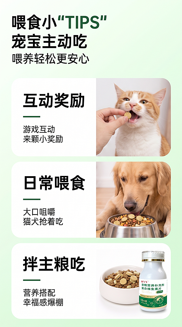 基于原图，做以下三处修改，其余所有元素保持不变：

1. 第二栏"日常喂食"的粮碗中，绿色的药片颜色改为与第一栏"互动奖励"中药片一致的浅棕黄色（带细小斑点的圆形药片形态）

2. 第三栏"拌主粮吃"的粮碗中，绿色的药片颜色也改为与第一栏一致的浅棕黄色圆形药片

3. 第三栏"拌主粮吃"右侧的产品瓶子替换为图二的宠飞飞复合维生素片（白色瓶身、透明瓶盖带金色环、绿色标签、红色宠飞飞品牌名、10+8 18种维生素、猫狗通用、净含量100g），瓶子外观与图二完全一致，清晰完整

其余所有内容（标题文字、三个卡片布局、绿白背景、猫咪狗狗图片、整体版式等）全部保持原样不变。