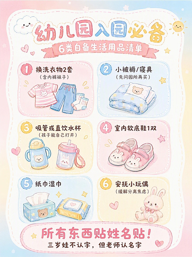 小红书配图，可爱手绘插画风，马卡龙色系（粉蓝黄），版式精美，小红书笔记质感，信息层级清晰。用手绘图标展示6类幼儿园自备生活用品，每项配可爱小图标：1.换洗衣物2套（含内裤袜子）；2.小被褥/寝具（先问园所再买）；3.吸管或直饮水杯（孩子能自己打开）；4.室内软底鞋1双；5.纸巾湿巾；6.安抚小玩偶（缓解分离焦虑）。底部用大号圆润字体强调文字：「所有东西贴姓名贴！三岁娃不认字，但老师认名字」。背景：马卡龙粉蓝黄柔和渐变底色。排版特征：圆角边框、柔和色彩、留白充足。整体氛围：可爱温馨、实用贴心。画质：高清细腻，文字完整可读，处于安全区内不可裁切，四周留安全边距。画面比例3:4，4K。