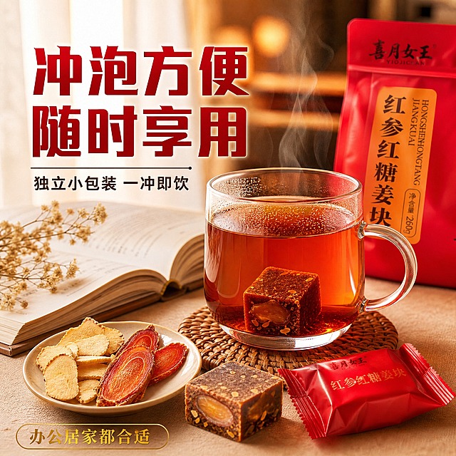 [主图-4] 冲泡饮用场景 红参红糖姜茶生活方式图 拼多多合规版
[统一基调] 拼多多食品风格 大字直白 暖红色主色调 食欲感强 商业摄影质感 自然光暖光 画面饱满有冲击力
[画面] 温馨居家餐桌场景 右侧一只透明玻璃杯里泡着红糖姜茶 茶水呈琥珀色 杯中有一块正在融化的红糖姜块 杯口冒着淡淡的热气 杯子旁边放着拆开的独立小包装红糖姜块 还有一小碟红参片和姜片做点缀 左侧放一本打开的书和一支干花 背景是温暖的室内环境 窗帘透进柔和的自然光 整体氛围温馨舒适 产品占画面约50% 平视45度角
[光影质感] 自然窗边暖光 柔和明亮 玻璃杯有通透反光 茶水表面有光泽 热气轻盈自然 桌面有柔和阴影 生活方式摄影质感 温暖治愈
[配色] 主色暖棕红 辅助色米白 浅木色 暖黄灯光 标题字深红色 说明文字深棕色
[文字版式] 左上方主标题大字「冲泡方便 随时享用」深红色粗黑体 下方小字「独立小包装 一冲即饮」深棕色细黑体 底部金色小字「办公居家都合适」 文字放在左侧空白处 不遮挡杯子和产品 所有文案均为合规表述 不涉及功效
[输出要求] 1:1正方形 2048x2048 场景温馨 产品清晰 有生活感 负向：变形 错字 模糊 杂乱 水印 功效词 绝对化词 滋补 养生 暖宫 痛经