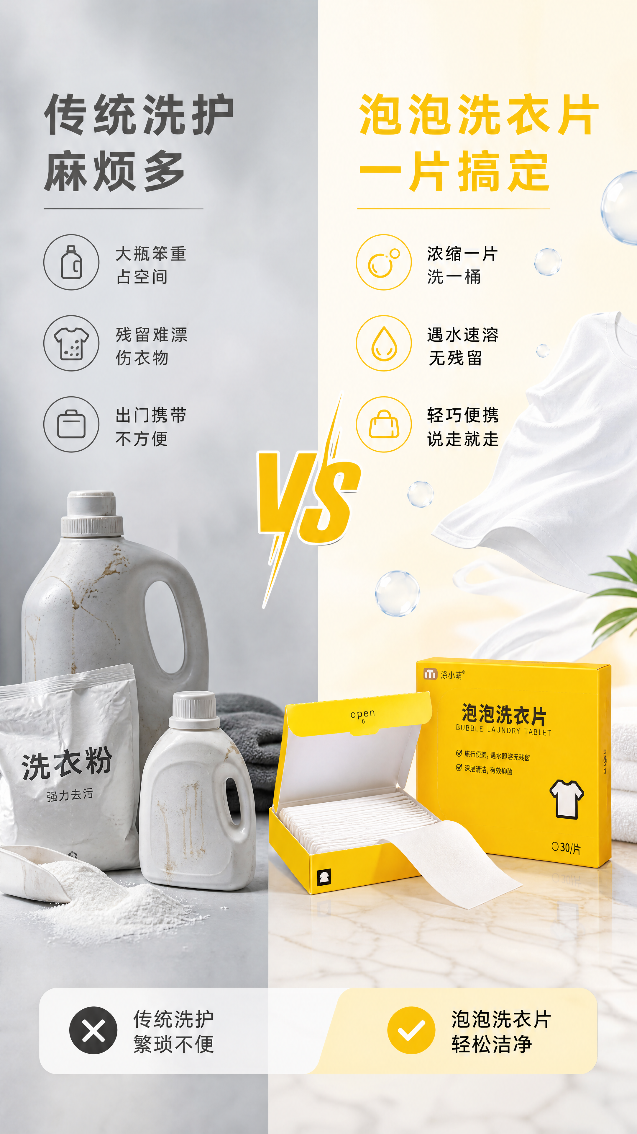[第2张] 痛点解决页-传统洗护 vs 泡泡洗衣片对比。本张使… - 图片创意预览