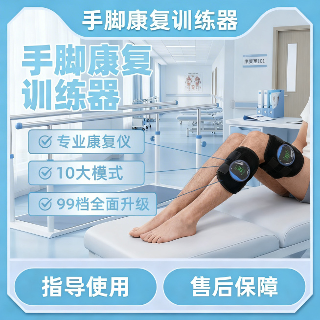 保留原图康复训练产品产品本体不变，保留所有卖点文字内容不变，更换肢体模特，更换背景为医院或康复中心场景，改变文字颜色和框架模板样式预览效果