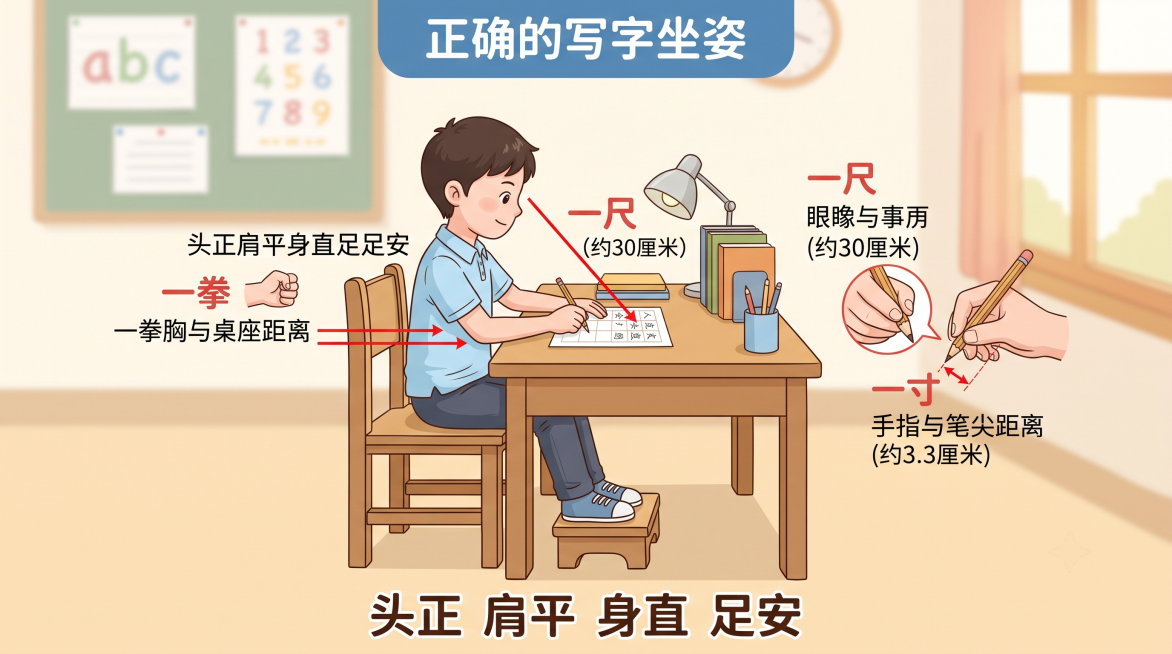 A clear educational diagram showing correct writing sitting posture, a child sitting upright. Three预览效果