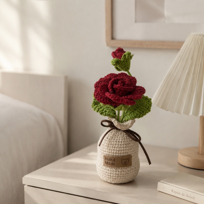 [Product 3 - Rose Potted] Scene display. Handmade crochet rose potted placed on minimalist bedroom d预览效果