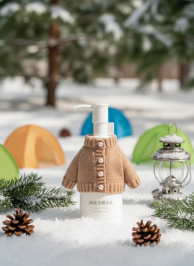 给商品穿浅棕小毛衫（带珍珠扣，不遮包装），背景是雪地露营地，装饰迷你帐篷、散落的松果，旁有挂雪的露营灯，配色棕白 + 浅绿，户外冬日感。