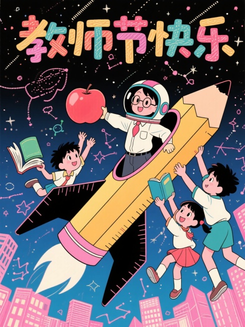可爱的老师戴着宇航员头盔，站在由铅笔和尺子制成的卡通火箭飞船里，快乐的孩子们抓着巨大的悬浮苹果和书本，围绕在火箭外飞翔，背景是布满粉笔画星座的星空，画面中有“教师节快乐”的字样，色彩鲜艳，带细微纹理，预览效果