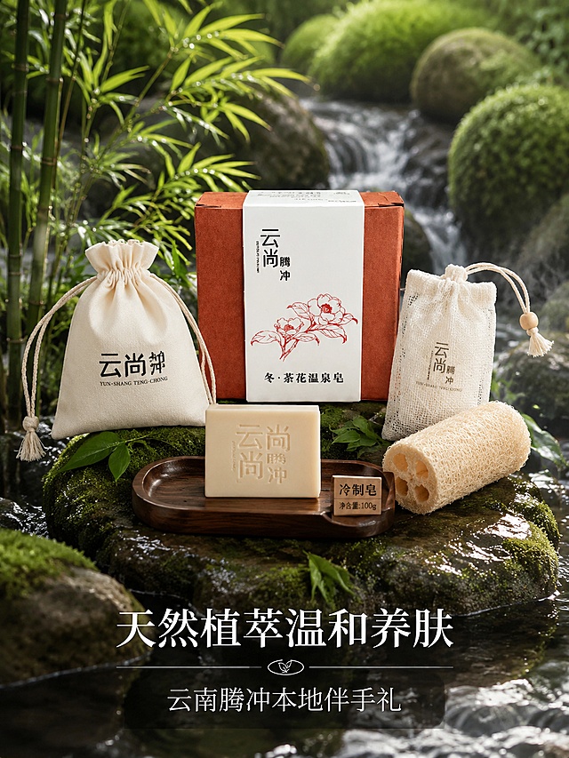 「图片1」「图片1」「图片1」「图片1」「图片1」「图片1」，生成一套详情页，电商天猫750宽详情页，一共5张长图，产品：云尚腾冲高黎贡四季草木冷制皂，春夏秋冬4款手工皂，森系山野自然风，背景统一青苔、山涧溪流、水雾竹林，柔和自然光，低饱和原木苔藓配色，简约中式文字排版，搭配对应植物线稿，高清商业摄影质感。
5页内容分配：
第1页：首屏合集海报，四款皂全套摆放，瀑布背景，标题云尚腾冲，高黎贡山下四季草木山野养护，标注三大核心卖点，底部文案万物纷扰，守住肌肤一缕温润本真
第2页：品牌&工艺介绍，标题山野鲜萃低温冷制，分产地、原料、工艺、肤感四点说明，简约干净版面
第3页：春夏两款皂合集介绍，左春绿盒古茶咖啡皂，主打清爽控油；右夏棕盒香果火山泥皂，主打深层清洁，搭配单品实拍图
第4页：秋冬两款皂合集介绍，左秋浅卡普洱核桃皂，主打修护舒缓干皮；右冬红棕茶花温泉皂，主打温泉锁水滋润，搭配单品实拍图
第5页：礼盒场景收尾页，整套礼盒实拍，展示日常洁面、沐浴使用场景，结尾文案突出天然植萃温和养肤，腾冲本地伴手礼属性
要求：画面干净简洁，无多余装饰，文字清晰不截断，全套视觉风格统一，沿用参考图里产品包装、环境光影