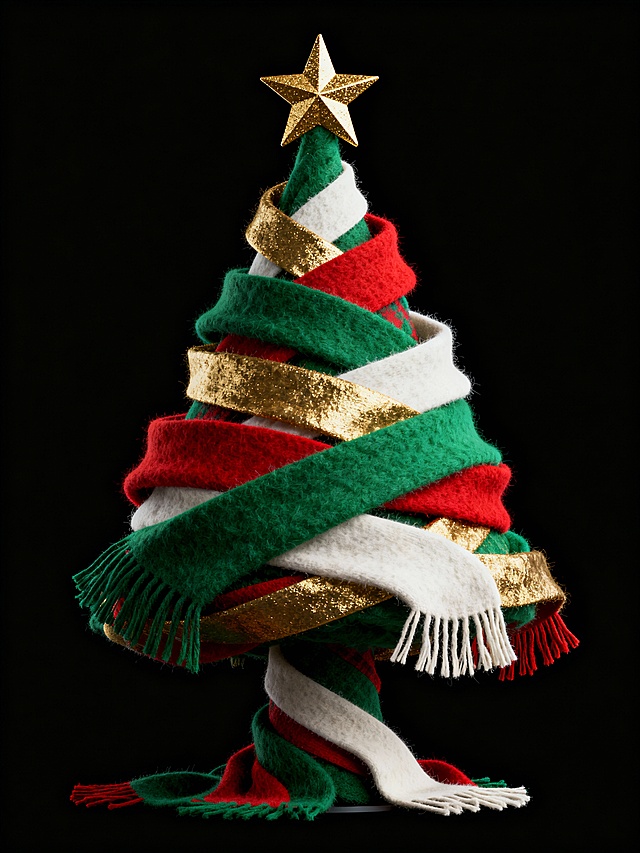 以圣诞配色围巾缠绕成树，借织物的柔软质感与经典红绿金配色，融合日常物品与节日元素，打造温馨又创意的复古圣诞装饰