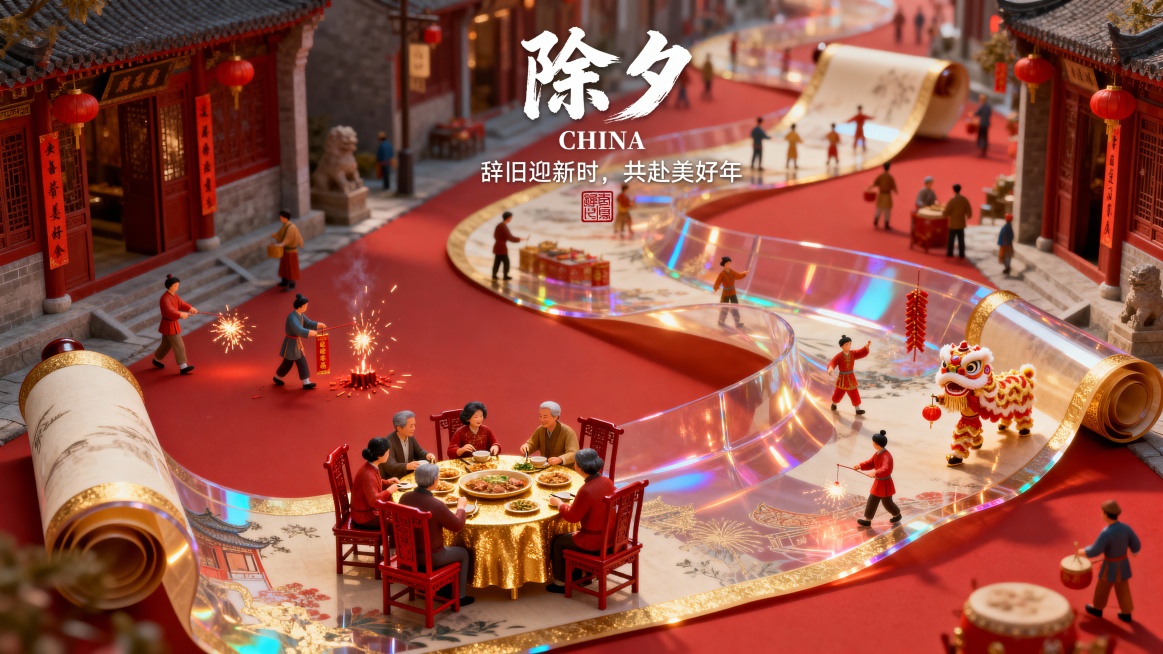 史诗级除夕画卷，宋代美学风格。一卷透明绢本手卷在古街曲折展开，背景是红色热闹的古街。画卷上以微缩景观和移轴视角展现新年盛景：一家人在精致的中式红木家具环境中，围坐在纯金圆桌旁吃年夜饭；画卷的其他部分，预览效果