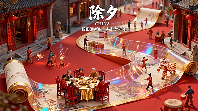 史诗级除夕画卷，宋代美学风格。一卷透明绢本手卷在古街曲折展开，背景是红色热闹的古街。画卷上以微缩景观和移轴视角展现新年盛景：一家人在精致的中式红木家具环境中，围坐在纯金圆桌旁吃年夜饭；画卷的其他部分，灵动的小人正在进行放鞭炮、贴春联、舞狮子等活动。画面以中国红和金色为主色调，冷暖光交织，光影对比强烈，透出金光和红彩。卷首有篆刻“除夕”和“CHINA”字样，顶部中心是毛笔大字“除夕”及小字“辞旧迎新时，共赴美好年”。采用Maya和C4D三维渲染，哑光质感，细节纤毫毕现，充满市井烟火气。