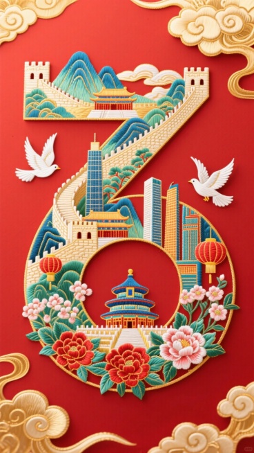 数字“76”用元素拼接而成，数字内部笔画填充建筑（长城、山脉、故宫、天坛、高楼大厦等）、鲜花、灯笼，白鸽点缀，光影交织，边缘环绕着金色的祥云，红色背景预览效果